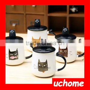 UCHOME Cat Design Ceramic Couple Mugs With Spoon And Lid thumbnail-1