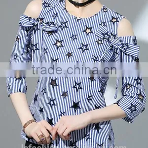 2017 Summer Newest Fashion Round Neck Cold Shoulder Blouse With Stars Pattern thumbnail-2