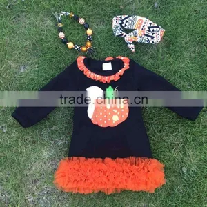 2015 New Kids Ruffle Dresses Girls Cute Dress Halloween Boutique Pumpkin Ghost Dress With Necklace and Headband thumbnail-1