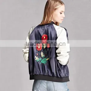 Satin Back Floral Embroidered Striped Raglan Sleeves Casual Coats for Ladies thumbnail-6