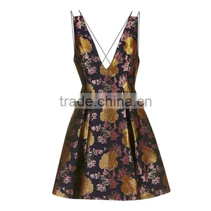 Vintage Royal Jacquard Printed Cross Back Plunge Sleeveless Short Prom Dress thumbnail-6
