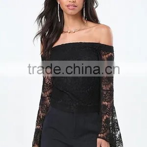 Clothes Woman Fashion Long Bell Sleeve Off-shoulder Lace Blouse Black for Wholesale 2017 thumbnail-1