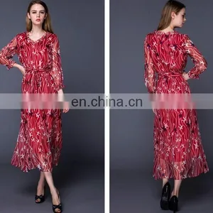 Star Patterned Fashionable Long Sleeve Red Chiffon Long Dress With Waistband thumbnail-2