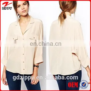 Fashion Women Chiffon Blouse With Double Pockets And Batwing Sleeves thumbnail-1
