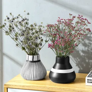 Classics White And Black Stripe Large Simole Style Ceramic Vase, Hotel And Living Room Decoration thumbnail-5