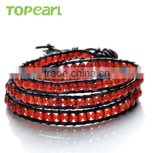 Topearl Jewelry Red Agate Bracelet Woven Leather Wrap Jewelry Bracelet CLL169 thumbnail-1
