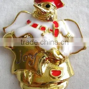 Snowman and Snowy House Christmas Brooch in Gold Color thumbnail-1