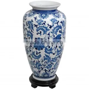 14" Floral Blue & White Porcelain Tung Chi Vase thumbnail-1