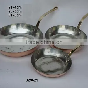 Copper Frying Pan With Pewter Lining and Long Brass Handles Polished thumbnail-1