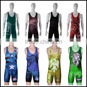 Latest Cool Sublimation Print Cheap Custom Wrestling Singlets thumbnail-3