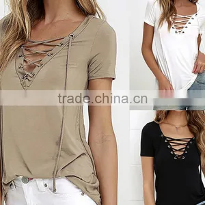 Women Short Sleeve Top Fashion Black Lace Up V Neck Print Striped Sleeve T-shirt thumbnail-1