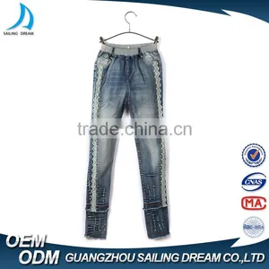 Cheap New Style Fray Hem Comfortable Light Blue Lace Stitched Slim Fit New Design Jeans for Girls thumbnail-1