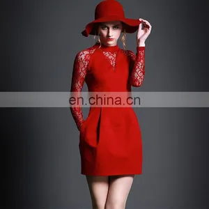2015 European Style Women Dress / Red Lace up Skirt Long Sleeve thumbnail-1
