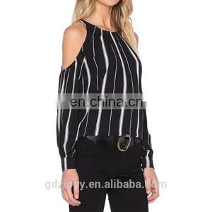 Fashion Cutting Chiffon Blouse Design Black Withe Stripe Cold Shoulder Lady Blouse thumbnail-2