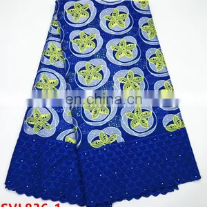 2017 African Heavy Swiss Cotton Lace Fabric , Yellow +blue Color Nigeria Cotton Lace ,african Dresses Lace Fabric Cotton thumbnail-1