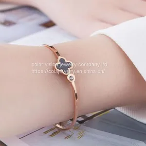 Clover Open Customized Engraved Cuff Bracelet Stainless Steel Bangle thumbnail-2