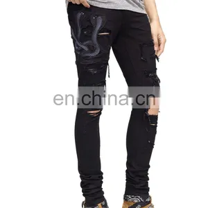 DiZNEW Guangzhou Factory Distressed Damage Embroidered Snakes Jeans Men thumbnail-4