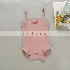 Infants & Toddler Solid Color Spring Autumn Lace Edge Slip Knitted Cotton Romper thumbnail-2