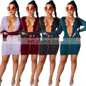 Women Bodycon Dress Long Sleeve Autumn New Arrival Long Sleeve Pit Stripe Solid Color Lace Up Women Dress thumbnail-2