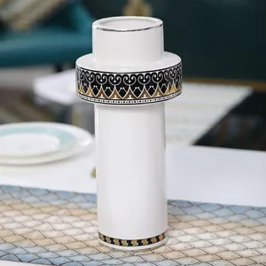 Cylinder European American Glaze Small White Black Stripe Ceramic Vase For Living Room thumbnail-3