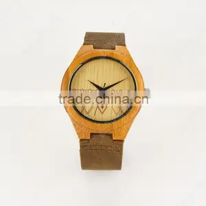 Wholesale Personalized Fashion Yellow Wood Case Watch Men Custom Logo Wrist Watch With Leather Band thumbnail-2