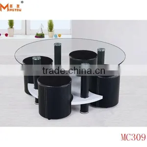 Modern Glass Round Coffee Table With Stools thumbnail-1