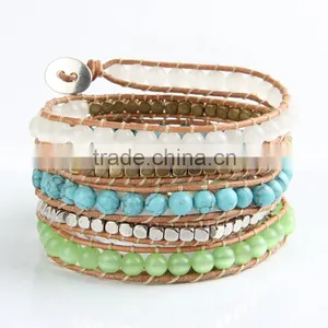 Top Quality 6mm Natural Turquoise Agate Beads Jewelry Leather 5 Wrap Bracelet Weaving Charms Bracelets For Women thumbnail-2