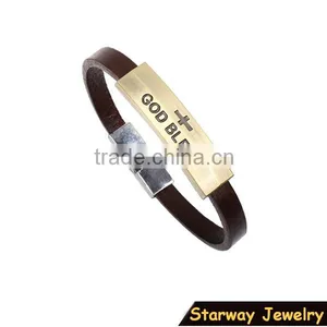 >>New Arrival God Bless Cross Leather Bracelet/ thumbnail-1