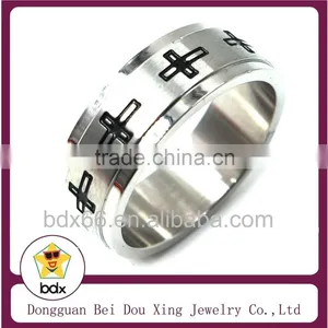 Fashion Reliigous Products Rotatable Black Enamel Jesus Prayer Cross Titanium Stainless Steel Two Layers Catholic Ring For Male thumbnail-1