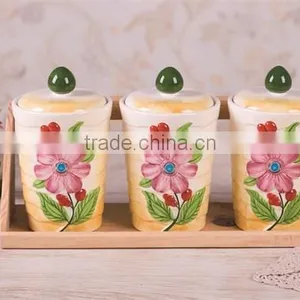 Home Storage Type Ceramic Tea Coffee Sugar Canisters Set With Wooden Stand thumbnail-1