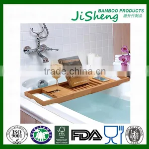 100% Bamboo Bathtub Caddy With Extendable Sides, Cellphone Tray & Integrated Wine Glass Holder thumbnail-1