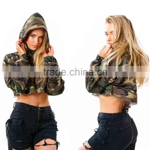 Women's Camouflage Crop Top Hoodie Sweatshirt Loose Striped Long Sleeve Crew Neck Sexy Pullover Short Tops Bulk Hoodies thumbnail-1