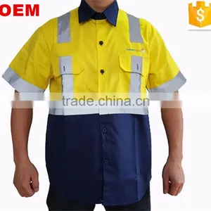 OEM Mining Workwear Uniform Mens Button-front Yellow Cotton Twill Work Shirt With Hi Vis Tapes thumbnail-1