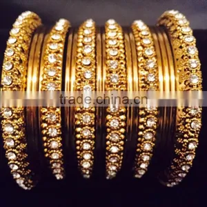 Antique Finish Kada Bangle Sets With Hangings, Bridal Indian Churi Bracelet, Gold Finish Bangle Sets thumbnail-2