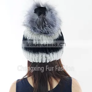 CX-C-02B Genuine Rex Rabbit Fur Knitted Hat thumbnail-4