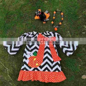 2015 New Arrival Girl Pumpkin Dress Kids Boutique Dress Halloween Dress Chervon Dress With Necklace and Bow thumbnail-1