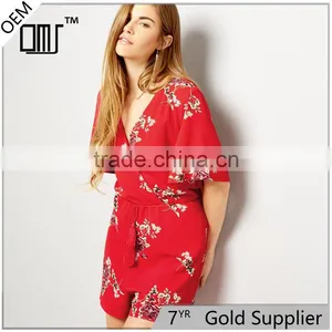Drawstring Short Sleeve Playsuit for Women Rayon Floral Clothing thumbnail-1