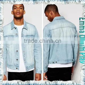 2016 Men's Dipped Bleach Washed Twill Blue Denim Jacket With Metal Button thumbnail-2