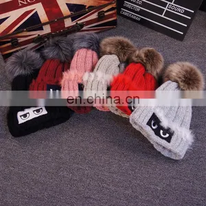 Crochet Stripped Hats Cute Eyes Raccoon/fox Fur Pom Pom Hats thumbnail-5