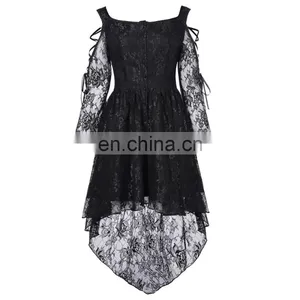 Belle Poque Retro Vintage Gothic Victorian Long Sleeve High-Low Black Lace Dress BP000350-1 thumbnail-3