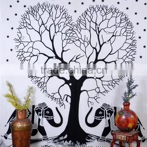 Indian Tapestry Cotton Bedding Bedsheet White Love Elephants Print Wall Hanging Tapestries Throw Mandala Print thumbnail-1