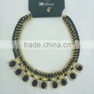 FASHION BRAIDED METAL CHAIN/STONES STATEMENT NECKLACE EARRING SET thumbnail-1