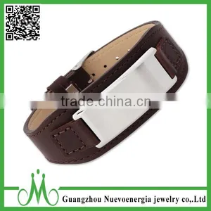 High Fashion Black Stainless Steel Wristband PU Genuine Leather Wide Mens Jewelry thumbnail-2