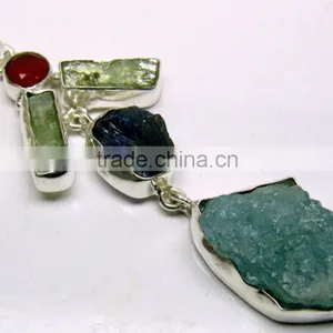 Carnelian Kyanite Aquamarine & Tanzanite Rough Gemstone Pendant, 925 Solid Sterling Silver Pendant, Designer Raw Bezel Pendant thumbnail-1