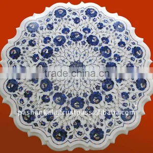 White Marble Inlay Semi Precious Stone Table Top Round Shape thumbnail-1