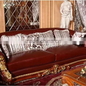 Luxurious French Rococo Brown Leather Wooden Hand Carved Living Room Sofa, Italian Palace Furniture(MOQ=1 SET) thumbnail-4
