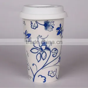 Blue-and-white Ceramic Travel Coffee Mug With Silicon Lid thumbnail-1