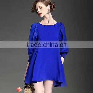 Women Elegant Bracelet Sleeve Round Neck Satin Blue Color High Waist Short Dress thumbnail-1