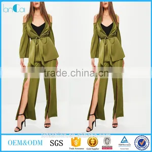 Picture of Office Ladies Cold Shoulder Tie Waist Satin Blazer Green Two Piece Sets for Office Ladies thumbnail-1