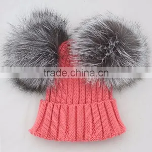 Myfur Royal Blue Man Winter Knitting Hat With Detachable Real Silver Fox Fur Balls thumbnail-2